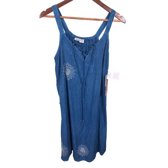 raya sun Dresses & Skirts - Raya Sun Womens Large Blue Embroidered Drawstring Tie Back Sleeveless Tank Dress